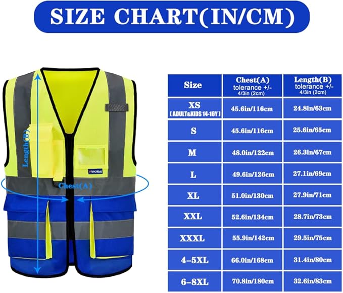XSMALL High Visibility REFLECTIVE WORK Yellow Blue Safety Vest with zipper Reflective Strips 7 Pockets