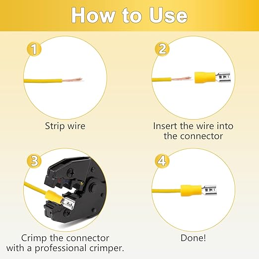 200 Pcs Yellow Female Quick disconnects Vinyl Insulated Spade Wire Connectors, Electrical Crimp Terminal 12-10 AWG (6.3mm)