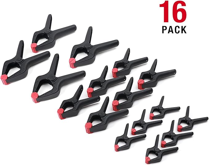 WORKPRO 16-Piece Nylon Spring Clamp Set-4pc 6-1/2", 6pc 4-1/2" , 6pc 3-3/8", for Woodworking, Photography Studios and DIY Works, Black