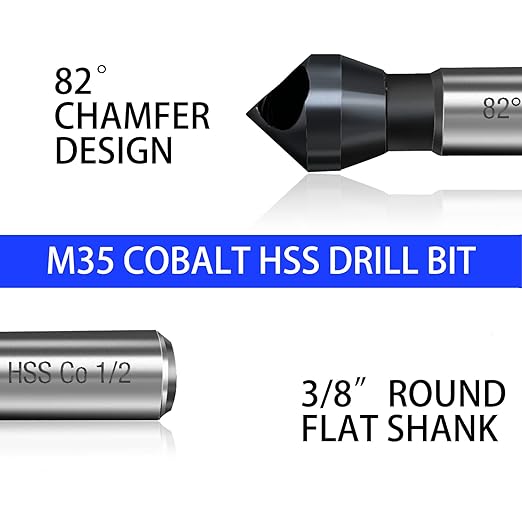 Countersink Drill Bit, TiAlN Coated M35 Cobalt 82 Degree Point Angle, 3/8" Round Shank, 1/2" Body Diameter Counter Sinker Drill Bits for Metal Wood Copper Plastic Resin