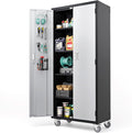 VINGLI 72'' Tall Garage Storage Cabinet, Metal Storage Cabinet with Wheels, Locking Doors and Adjustable Shelves (Black & Silver, 32''W x 16''D x 72''H)