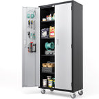 VINGLI 72'' Tall Garage Storage Cabinet, Metal Storage Cabinet with Wheels, Locking Doors and Adjustable Shelves (Black & Silver, 32''W x 16''D x 72''H)