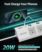 Flat Plug Power Strip with Individual Switches, 10 Ft Ultra Thin Flat Extension Cord, 5-Outlet Surge Protector with 2 USB-C (20W PD) & 2 USB-A, 1700 Joules, Wall Mount for Home Office, White