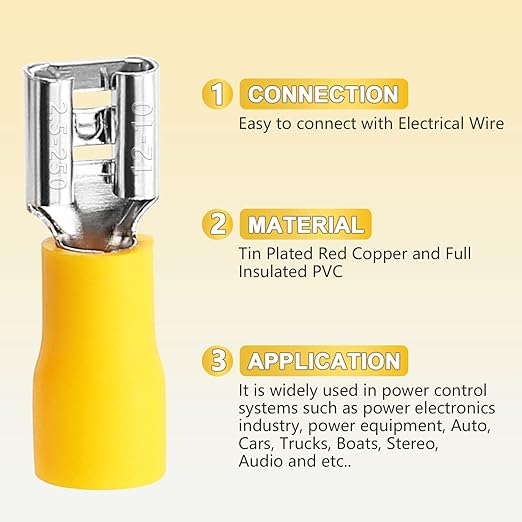200 Pcs Yellow Female Quick disconnects Vinyl Insulated Spade Wire Connectors, Electrical Crimp Terminal 12-10 AWG (6.3mm)