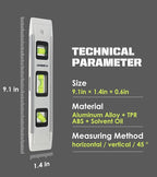 9 Inch Magnetic Box Level Torpedo Level with 45°/90°/180° Bubbles, Small Measuring Tool