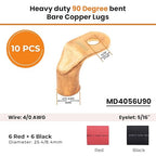 SELTERM 10pcs - 4/0 AWG 5/16" Stud - 90° Bent Battery Lugs - Ring Terminal Connectors with 12pcs 3:1 Black & Red 1" Heat Shrink Tubing - Heavy Duty Battery Cable Ends - Bare Copper Wire Connectors Kit