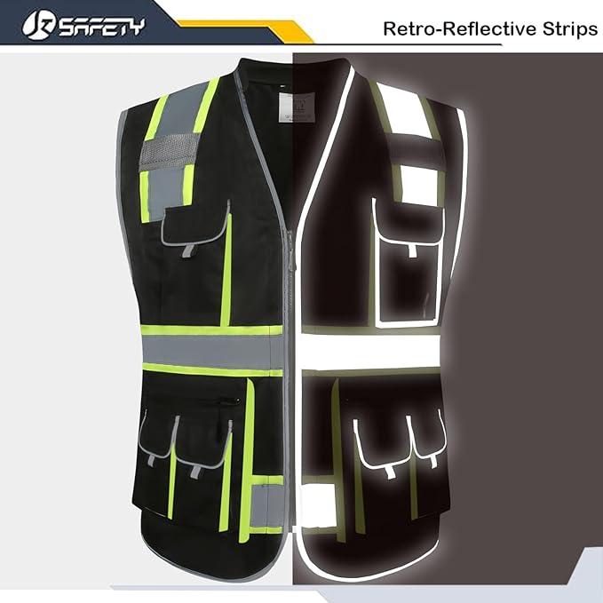 JKSafety 10 Pockets Hi-Vis Zipper Front Black Safety Vest | Cushioned Collar | High Reflective Tapes with Extended Neon Yellow Strips | Meets ANSI/ISEA Standards (3X-Large, 89-Black)