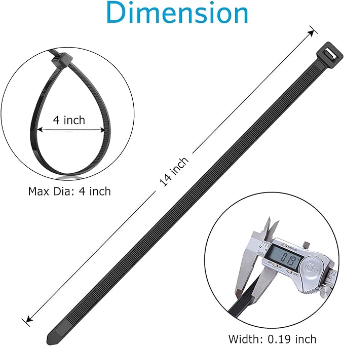 Zip Ties 14 inch (100 Pack), Black, 50lb Tensile Strength, UV Resistant Cable Ties for indoor and outdoor by SKALON