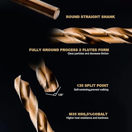 13 PCS Cobalt Drill Bit Set M35 HSS Twist Drill Bits 1/16"-1/4" for Hardened Metal, Stainless Steel, Cast Iron, Plastic and Wood
