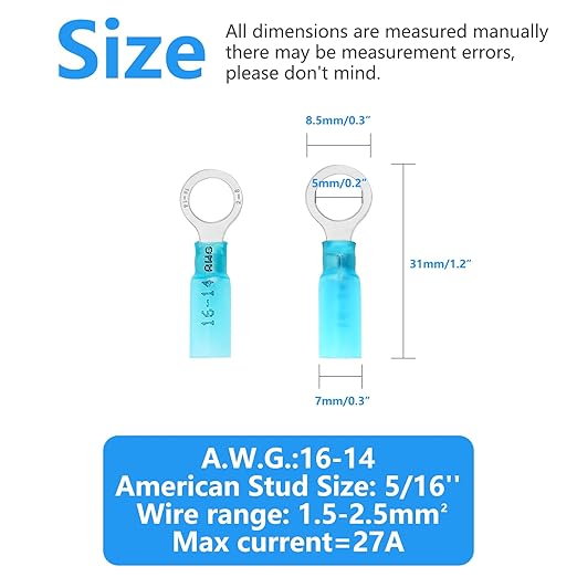 160 PCS 5/16'' Heat Shrink Ring Terminals (16-14 AWG), Insulated Ring Terminals, Nylon Eyelet Wire Connectors, Crimp Electrical Connectors, Marine Grade Ring Terminals for Auto, Audio (Blue)