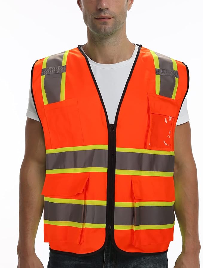 9 Pocket High Visibility Class 2 Safety Vest with 2 Inch Wide Reflective Strips and Zipper Construction - Orange, 4XL