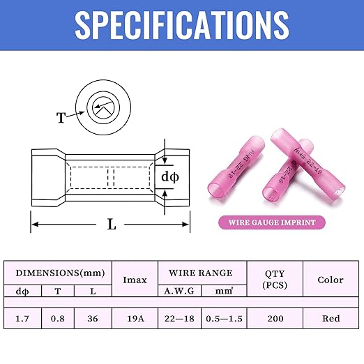 200 PCS Heat Shrink Butt Connectors Qibaok Waterproof Insulated Electrical Crimp Wire Connectors Butt Splice Terminal 22-18 AWG for Automotive Marine Boat Truck Trailer Stereo