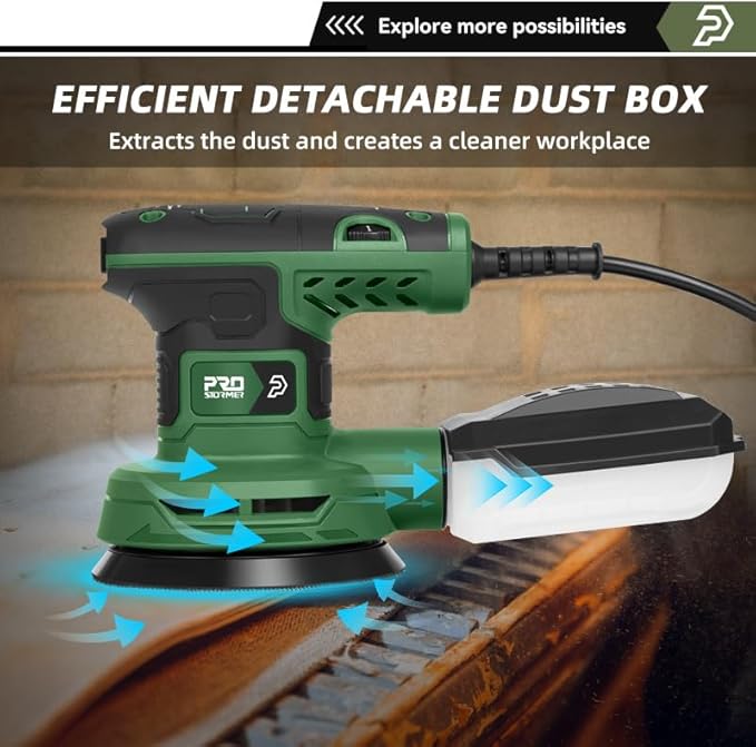 Prostormer 5-Inch Random Orbital Sander with 21PCS Sandpapers, 8000-13000RPM, 2.6AMP Palm Sander with 6 Variable Speeds, Dust Collection For Polishing, Sanding