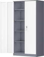 Greenvelly Metal Garage Storage Cabinet, 72" Locking Metal Cabinet with 2 Doors and 4 Adjustable Shelves, Grey White Steel Tool Organization for Home, Office, Garage (36" W x 18" D)