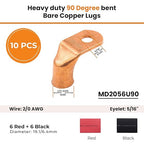 SELTERM 10pcs - 2/0 AWG 5/16" Stud 90° Bent Battery Lugs - Ring Terminal Connectors with 12pcs 3:1 Black & Red 3/4" Heat Shrink Tubing - Heavy Duty Battery Cable Ends - Bare Copper Wire Connectors Kit