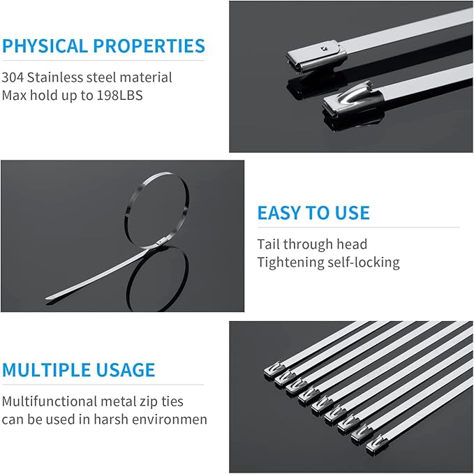 XINGO 8 inch Black Metal Zip Ties (200 Pack), 304 Stainless Steel Heavy Duty Zip Ties, 300lbs Tensile Strength, Multi-Purpose Self-locking Cable Ties for Exhaust Wrap, Outdoor and Canopy Etc