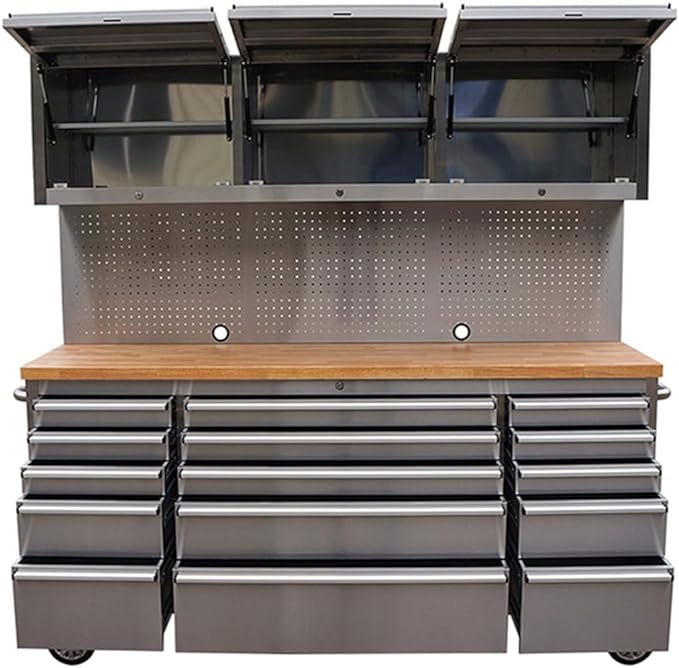 72 inch 15 Drawers Tool Chest with 3 Up Cabinet & Pegboard in Stainless Steel (Stainless Steel)