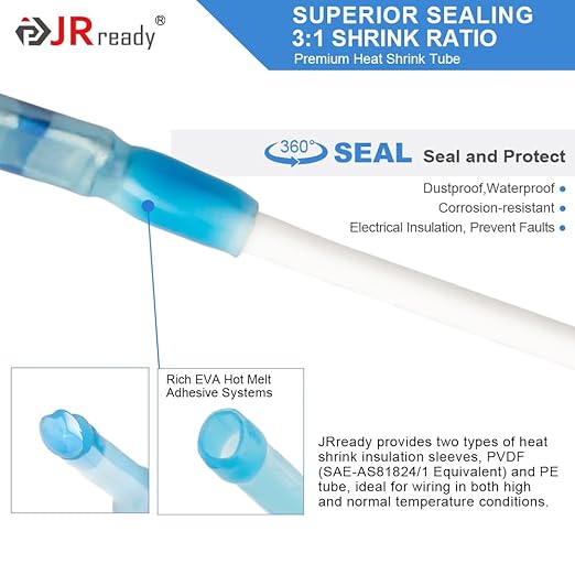 JRready ST6385-16-50 MiniSeal Crimp Splice 50Sets Blue Butt Splice Connectors 20-16 AWG (M81824/1-2) Wire-to-Wire Heat Shrink Butt Connector with Alternative Temp. PVDF/PE Tubes