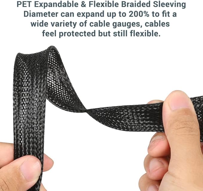 100ft-1/4inch PET Expandable Braided Sleeving Wire Loom Cable Sleeves Automotive Wire Sleeve Cable Management Wrap Wire Protector Tubing Desk Wire Organizer for Home, Office, Audio HDMI Cable, Black
