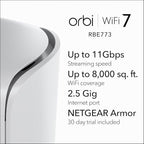NETGEAR Orbi 770 Series Tri-Band WiFi 7 Mesh Network System (RBE773) - Router + 2 Satellite Extenders, Security Features, Up to 11Gbps, Covers up to 8,000 sq. ft., 100 Devices, 2.5 Gig Internet Port