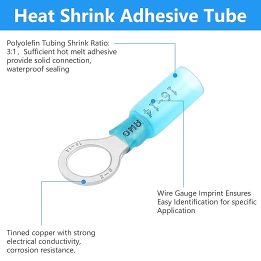 160 PCS 5/16'' Heat Shrink Ring Terminals (16-14 AWG), Insulated Ring Terminals, Nylon Eyelet Wire Connectors, Crimp Electrical Connectors, Marine Grade Ring Terminals for Auto, Audio (Blue)