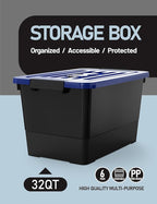 WYT 32 Quart Stackable Plastic Storage Bins with Blue Lids, 6 Pack Black Containers with Latching Buckles and Handle, Durable Nestable Boxes Organizing for Closet, Garage, Tool Room