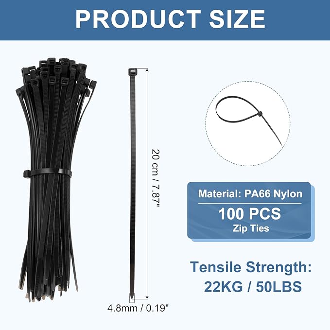 PATIKIL Cable Zip Ties 8 Inch, 100 Pcs Self-Locking Nylon Wire Tie Wraps Heavy Duty Cord Management with 50 lbs Tensile Strength for Indoor and Outdoor, Black (0.2"W)