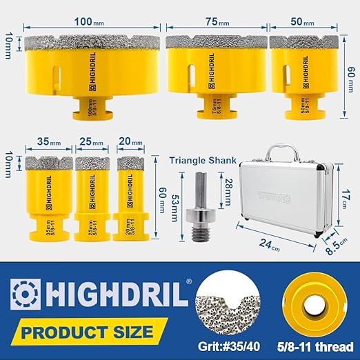 HIGHDRIL Diamond Drill Bits Kit with 5/8-11 for Porcelain Tile Ceramic Marble Brick Concrete Vacuum Brazed Hole Saw(20/25/35/50/75/100mm)