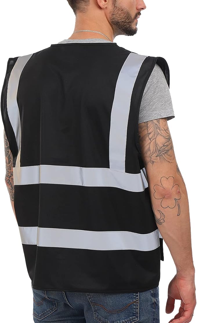 Dib Safety Reflective Vest High Visibility with Pockets and Zipper, Black 4XL