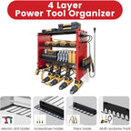 4 Layers Power Tool Organizer Wall Mount with Power Strip, Heavy Duty Metal Shelf, 400lbs Capacity for Cordless Drills, Batteries & Garage Storage (4 Slots with 2 Outlets Power Strip)