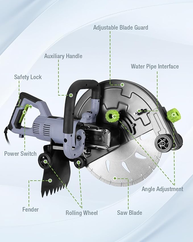 WORKPRO 16 Inch Wet Concrete Saw with Water Cutting Attachment, 1600W 3100RPM Electric Concrete Saw, Max Cutting Depth 6.69", Ideal for House, Foundation, Courtyard Renovation