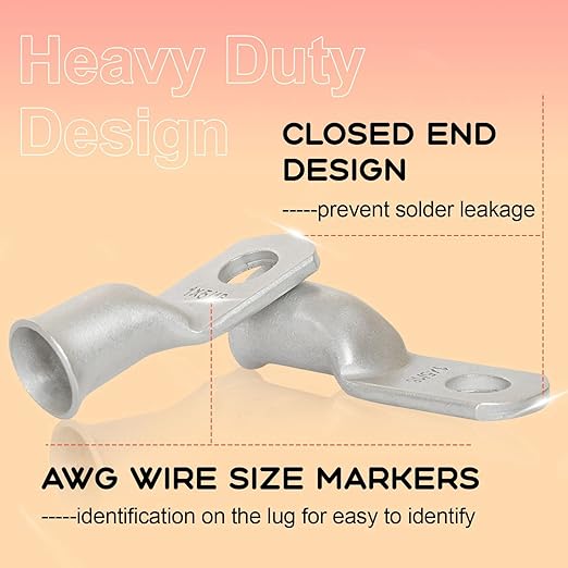 2/0 AWG 3/8" Stud (10 pcs.) Battery Ring Terminal 2/0 awg lugs 00 Gauge Connectors Heavy Duty Wire Lugs Battery Cable Ends Tubular Ring Terminal Battery Terminal Connectors Tinned Copper Eyelets