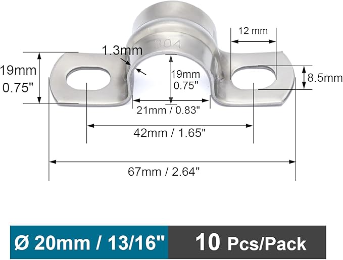 SS304 Conduit Clamps 3/4", 2-holes Pipe Bracket U Clamp for Cable/Water Pipe/Pipe, Heavy Duty Pipe Clamp | OD 3/4" | 10 pcs
