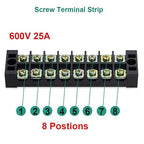 MILAPEAK Terminal Block and Strip - 4pcs 8 Position 600V 25A Dual Row Screw Terminals with Cover + 4pcs Pre-Insulated Barrier Jumper Strips Black & Red + Insulated Fork Wire Connectors