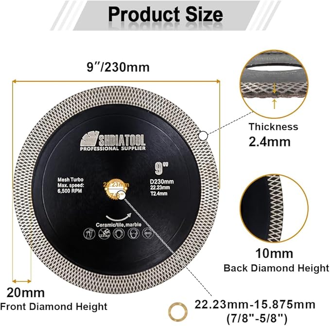 SHDIATOOL Tile Diamond Saw Blades, 9-Inches Cutting Disc,Cut-Off Wheel for Dry/Wet Cutting Grinding Ceramic Marble Artificial Stone 180mm(Pack of 2)