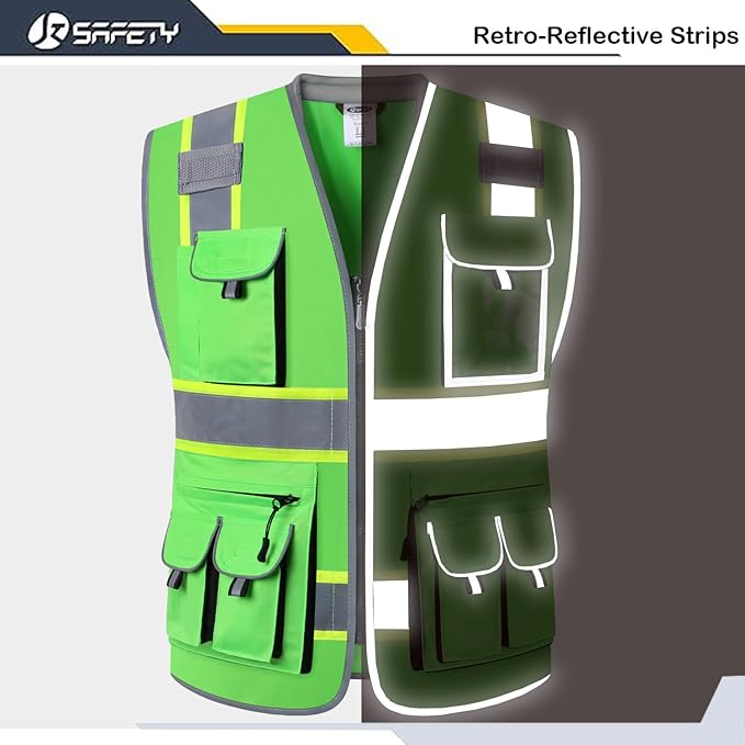 JKSafety 10 Pockets Hi-Vis Zipper Front Fluorescent Green Safety Vest | Cushioned Collar | High Reflective Tapes with Extended Neon Yellow Strips | Meets ANSI/ISEA Standards (4X-Large, 89-Green)