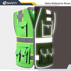 JKSafety 10 Pockets Hi-Vis Zipper Front Fluorescent Green Safety Vest | Cushioned Collar | High Reflective Tapes with Extended Neon Yellow Strips | Meets ANSI/ISEA Standards (5X-Large, 89-Green)