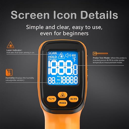 Infrared Thermometer Gun -58°F to 1472°F, 12:1 Laser Temperature Gun with -58°F to 572°F K-Type Probe, Dual-Mode Thermometer Guns Suitable for Cooking & Industry Measurements