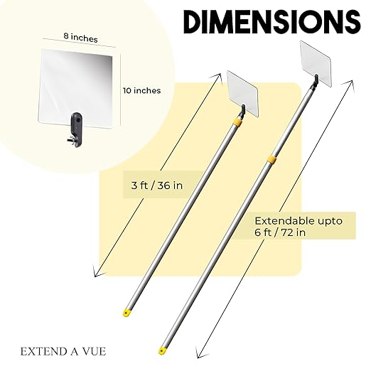 Inspection Mirror Telescoping Pole, Lightweight & Durable, 3 ft - 6 ft Pole, 8 x 10 inch Acrylic Mirror