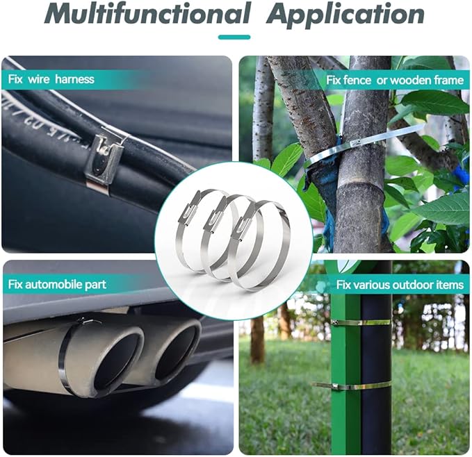 Metal Zip Ties 6 inch 304 Stainless Steel Locking Cable 250LB 150mm 100pcs Heavy Duty Exhaust Wrap Multi Purpose Binding for machinery, vehicles, farms, cables, pipes,Fence