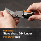 Fiskars Pro Retractable Folding Utility Knife, Box Cutter with Long-Lasting CarbonMax Razor Blade and Dual Lock Safety, Orange/Black