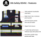 Dib Safety Reflective Vest High Visibility with Pockets and Zipper, Black with Yellow Trim XL