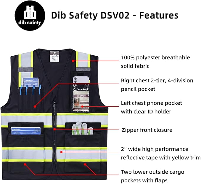 Dib Safety Reflective Vest High Visibility with Pockets and Zipper, Black with Yellow Trim 2XL