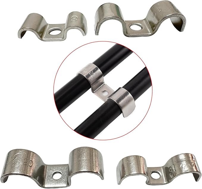 6pcs 10mm(2/5 inch) Double Line Clamp Heavy Duty 1 Hole Conduit Strap 304 Stainless Steel M-Type Pipe Strap For Wire Pipe Cord Installation