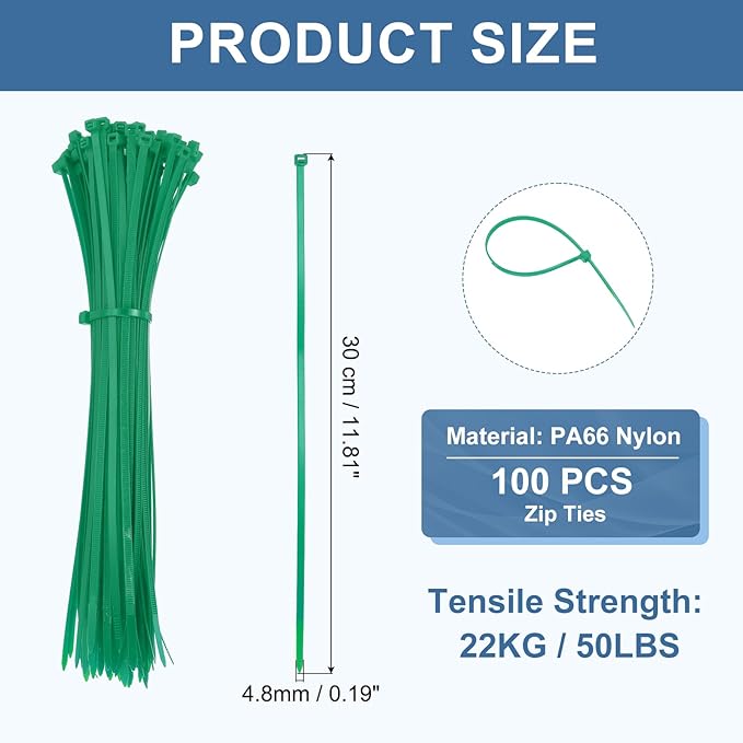 PATIKIL Cable Zip Ties 12 Inch, 100 Pcs Self-Locking Nylon Wire Tie Wraps Heavy Duty Cord Management with 50 lbs Tensile Strength for Indoor and Outdoor, Green (0.2" W)