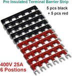 MILAPEAK Terminal Block and Strip - 5pcs 6 Positions 600V 25A Dual Row Screw Terminal Strip with Cover + 10pcs 400V 25A 6 Positions Pre-Insulated Terminal Barrier Jumper Strips Black & Red