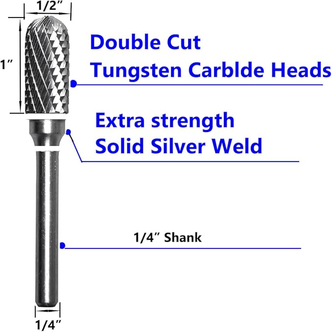 Carbide Burr Set 1/4" Shank SC-5 Die Grinder Bits Tungsten Double Cut Burr Bits (1/2" Cutter Dia X 1" Cutter Length) for Die Grinder Kits Metal Grinding Drilling Polishing (3pcs)