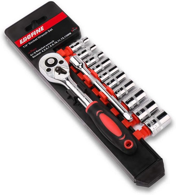 Egofine 12pcs 1/4 Inch Mini Ratchet Socket Wrench Set, Drive Socket Set with 10 Sockets (4-13mm) and 2 Way Quick Released Ratchet Handle and Extension Bar