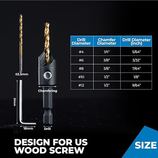 toolant Silence Combination Countersink Drill Bits Set, #4, #6, #8, #10, #12, High-Speed Steel Counter Sink Drill Bit Adjustable for US Wood Screw with Storage Case