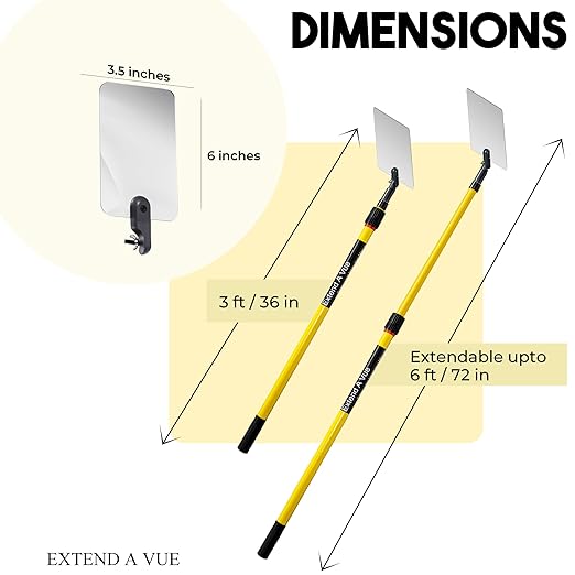 Telescoping Inspection Mirror - Standard Fiberglass, Lightweight & Durable, 3 ft - 6 ft Pole, 3.5 x 6 inch Acrylic Mirror